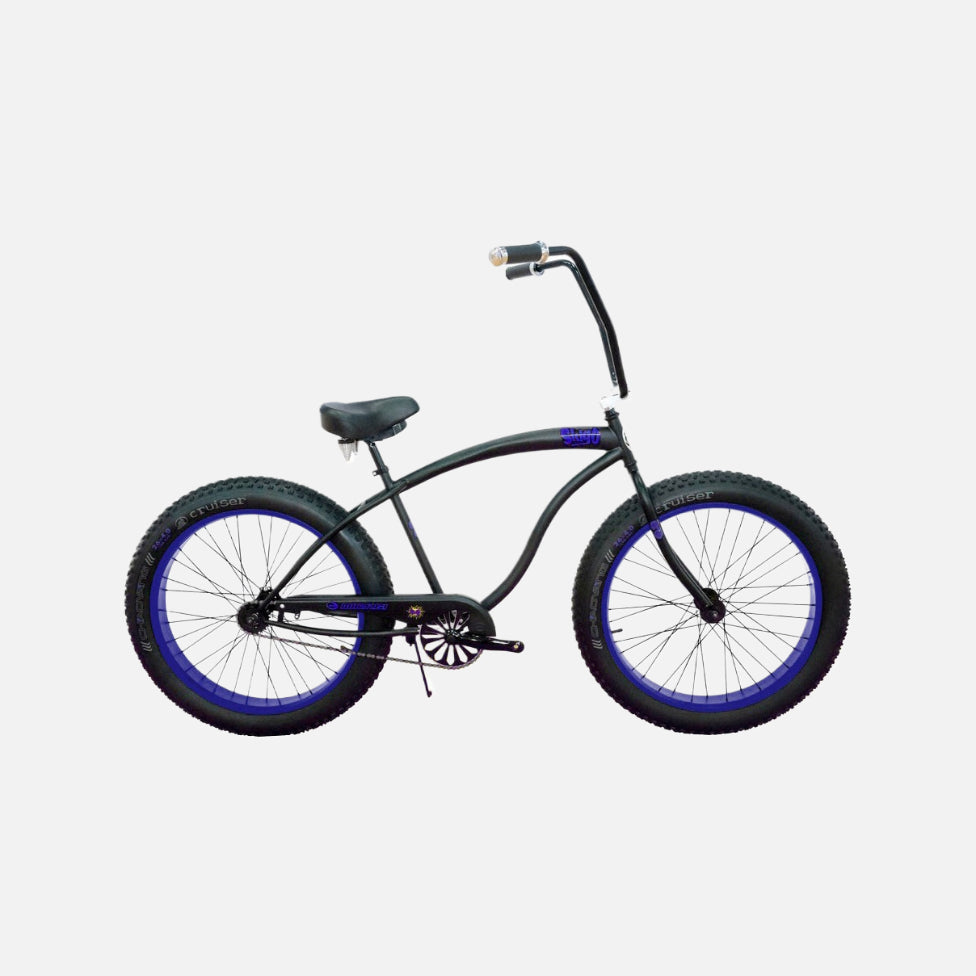 Micargi bicycles 26" slugo a beach cruiser bike, hi-ten steel black hi-rise 15″ handlebars, front/rear 26″ x 4.0″ star tread black tires