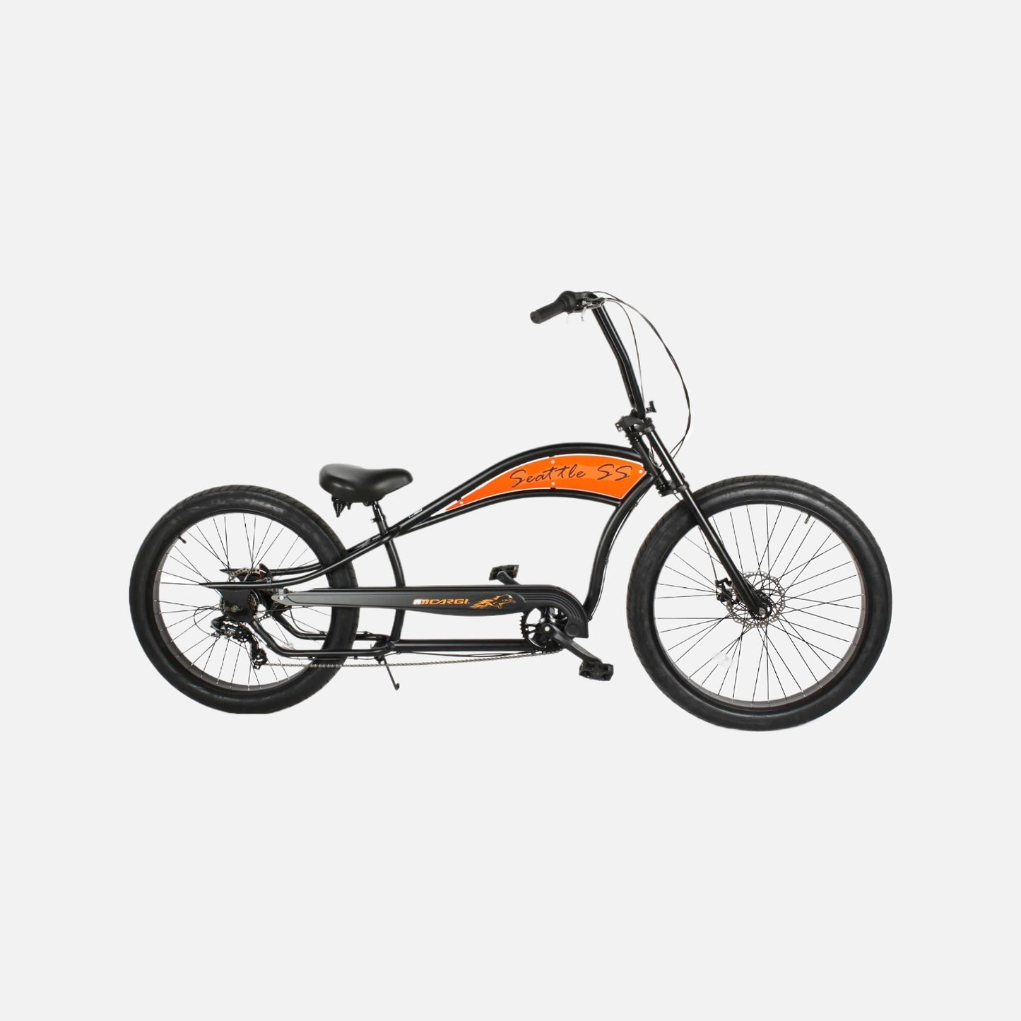 Micargi bicycles 26" seattle ss 7sp beach cruiser bike, front 29 x 3.0, rear 26 x 3.0 tires, shimano tx-35 7-speed gear