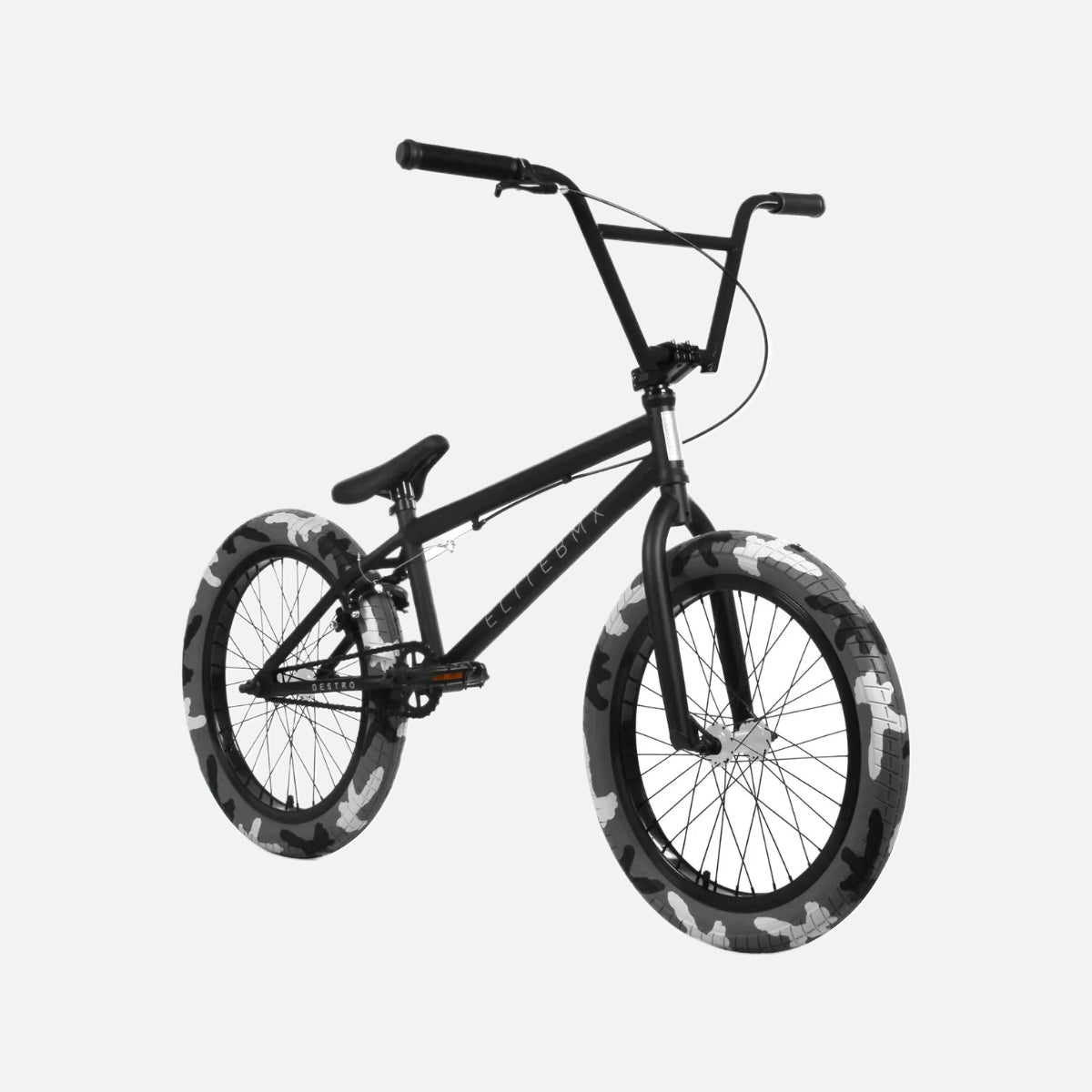 Elite BMX Destro Bike Black Camo 20” Hi-Tensile Steel Cr-Mo Fork 3-Piece Cr-Mo Cranks Tektro Brakes 20 x 2.4” Tires