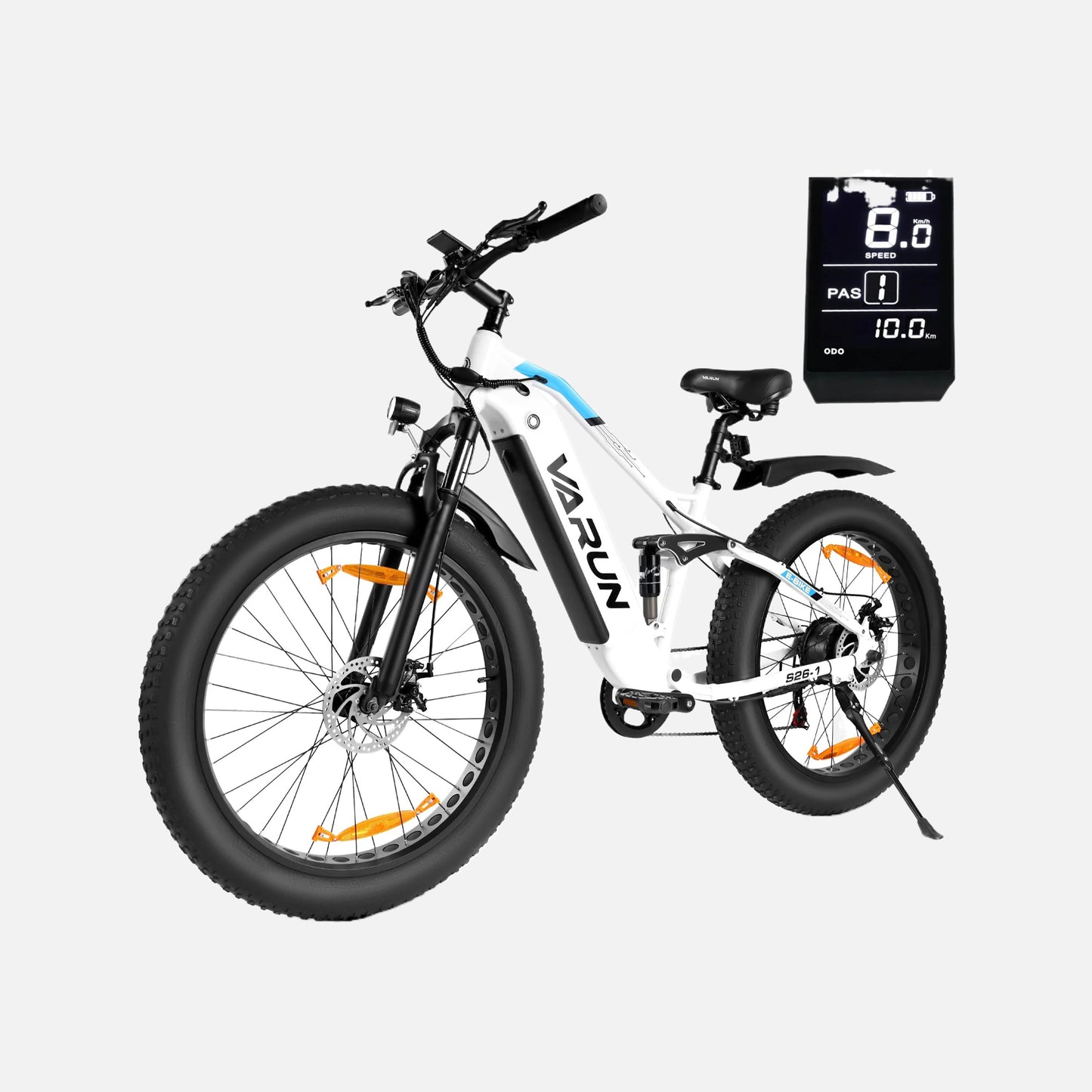 Varun ballistic-white 26'' e-bike, fat tire full suspension all terrain, top speed 15.5mph, 250w brushless rear hub motor