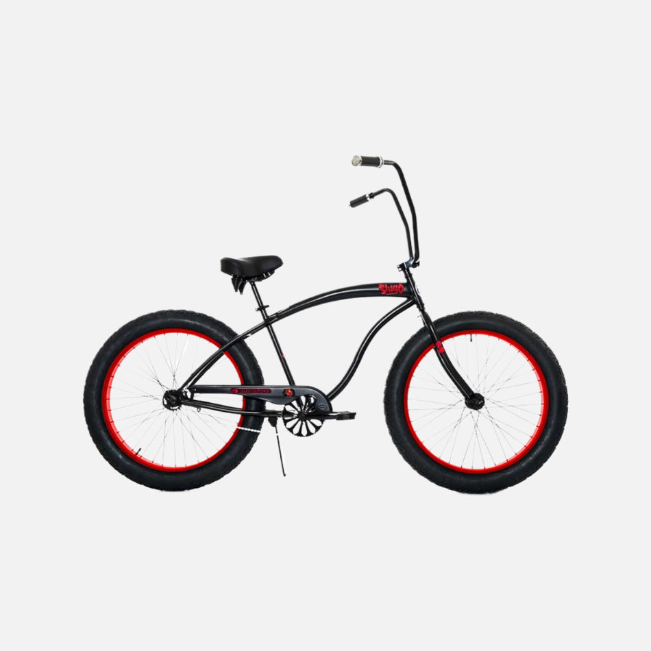 Micargi bicycles 26" slugo a beach cruiser bike, hi-ten steel black hi-rise 15″ handlebars, front/rear 26″ x 4.0″ star tread black tires